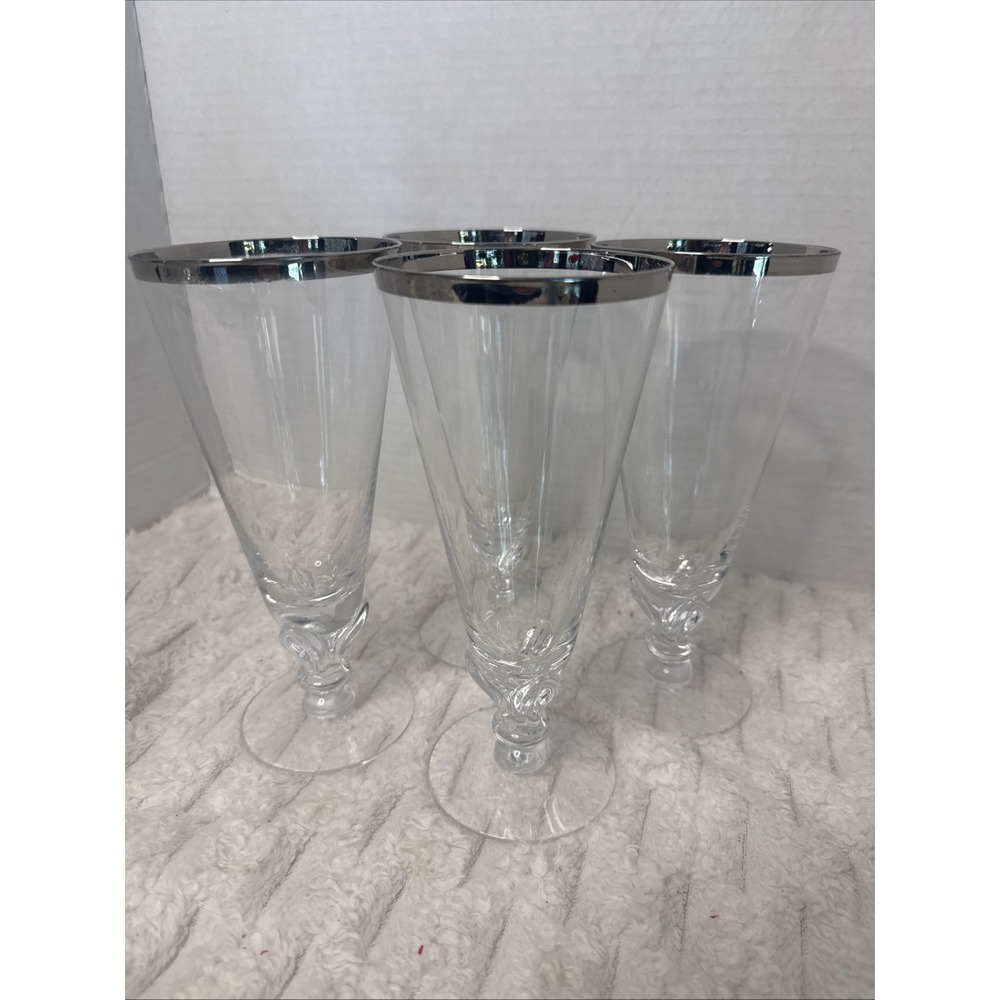 MCM TIFFIN FRANCISCAN Crystal Platinum Rim Pilsner Tea Water Glass Flute 4 Retro